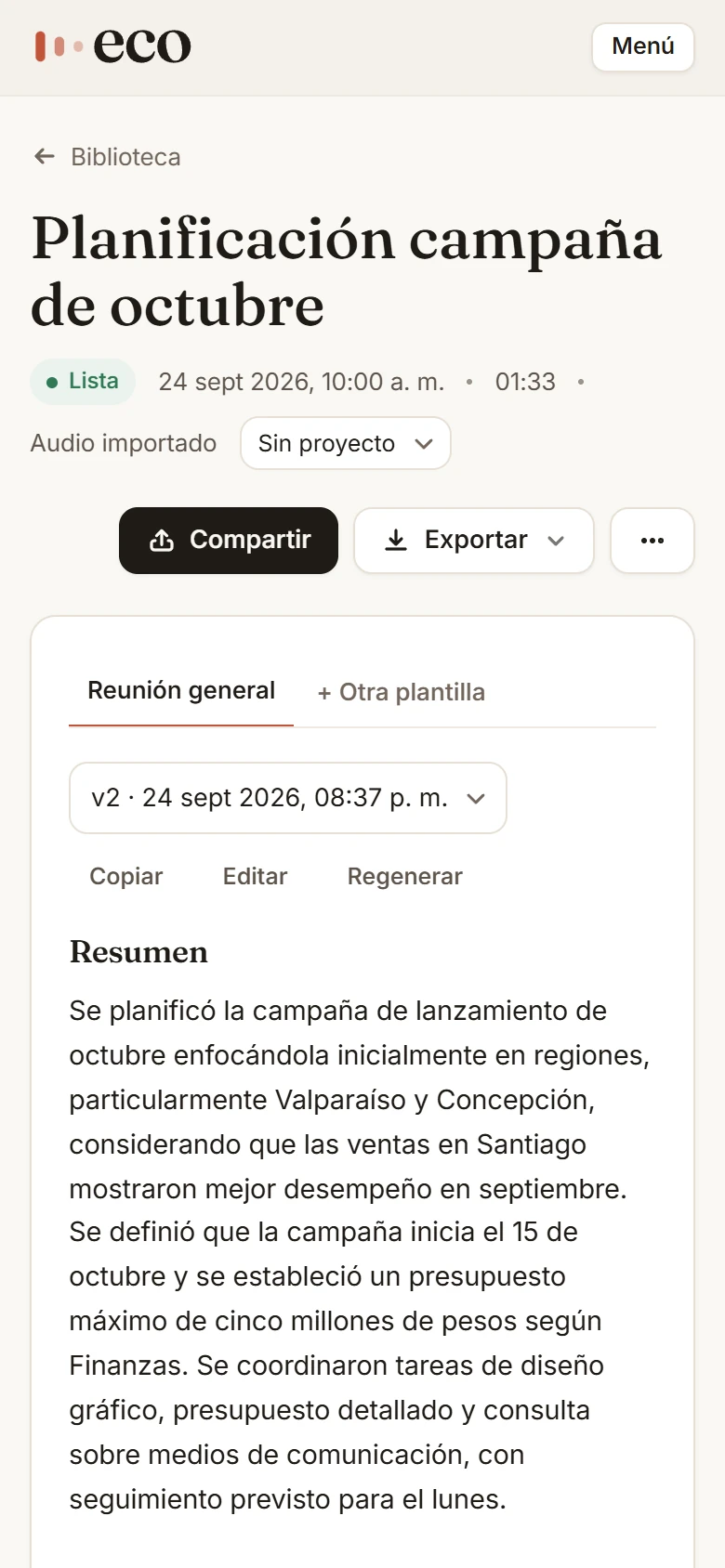 Las notas de una reunión en el celular